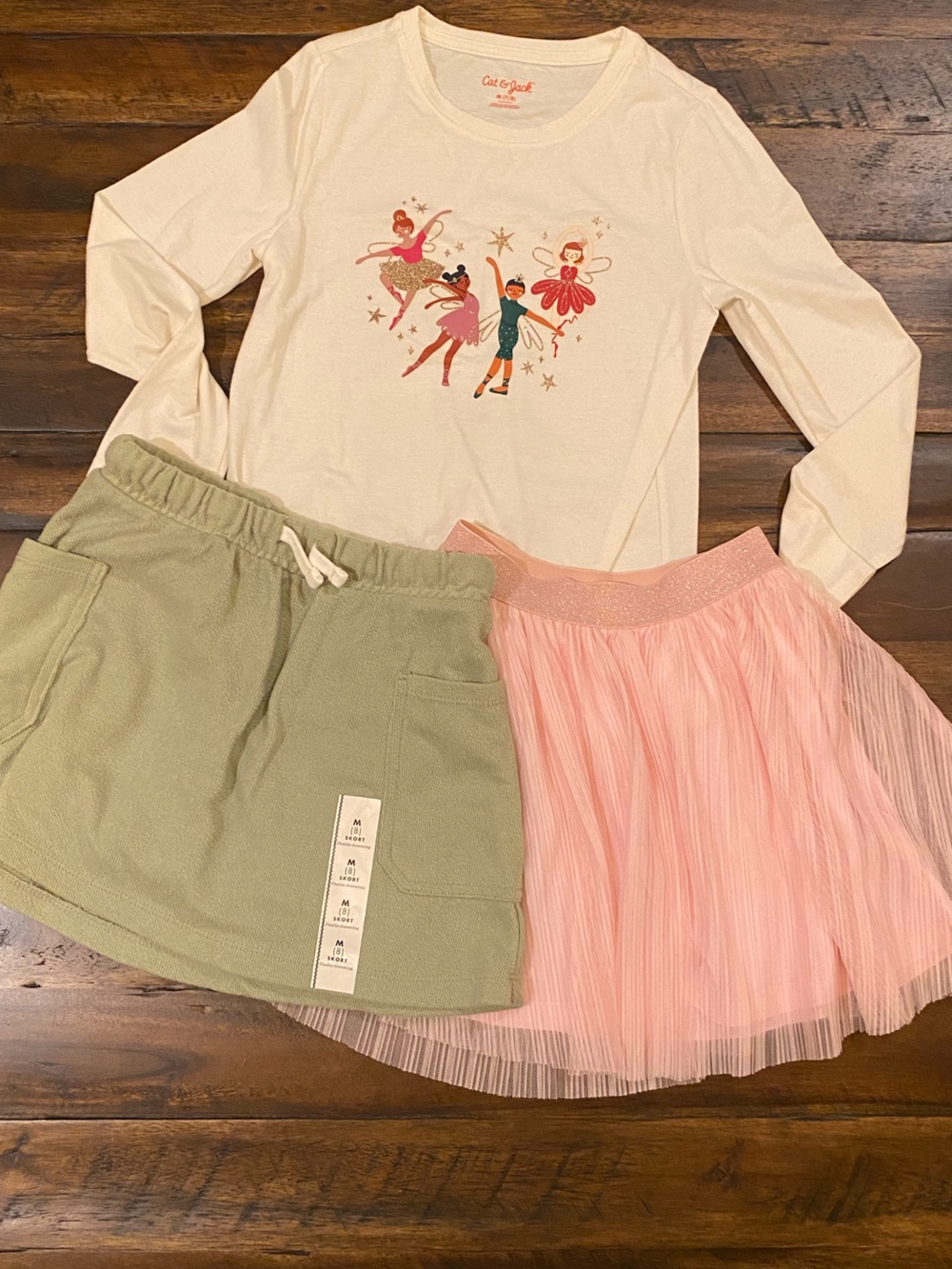 Crewcuts Girls Pink Tulle Skirt and Sage Green Skort Set with Printed Top